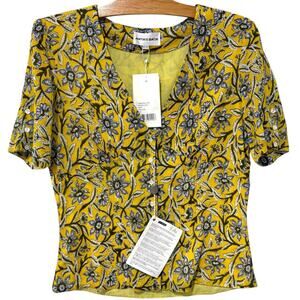 Antik Batik | Top Floral Yellow Button Front V Neck Short Sleeve NWT- Medium 40